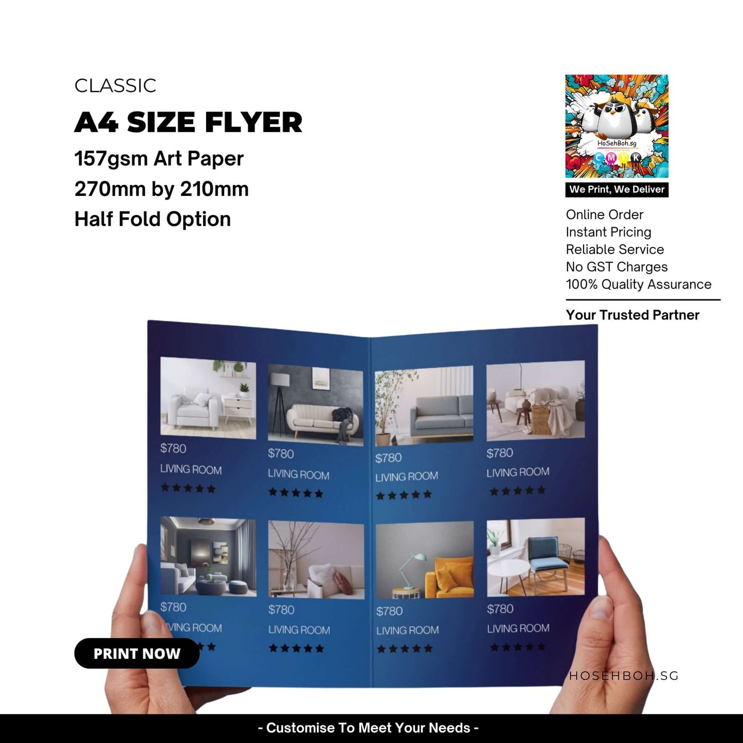A4 size half fold flyer on 157gsm art paper showcasing interior designs, ideal for promotions in Singapore.