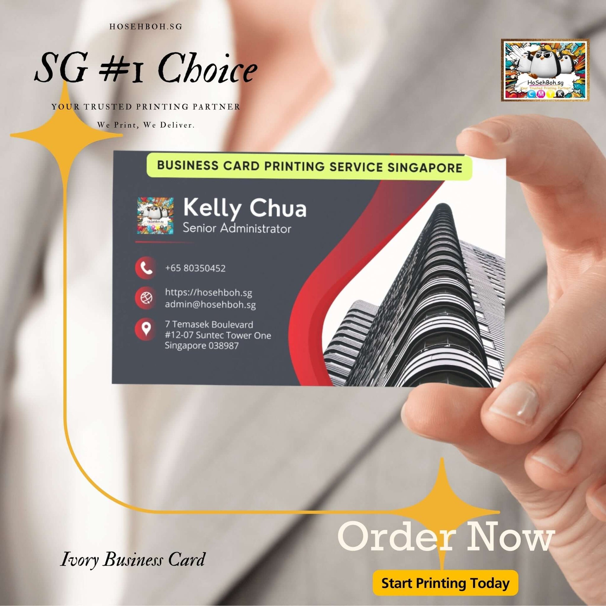 Ivory business card design featuring customized printing solutions from Ho Seh Boh Group Singapore.