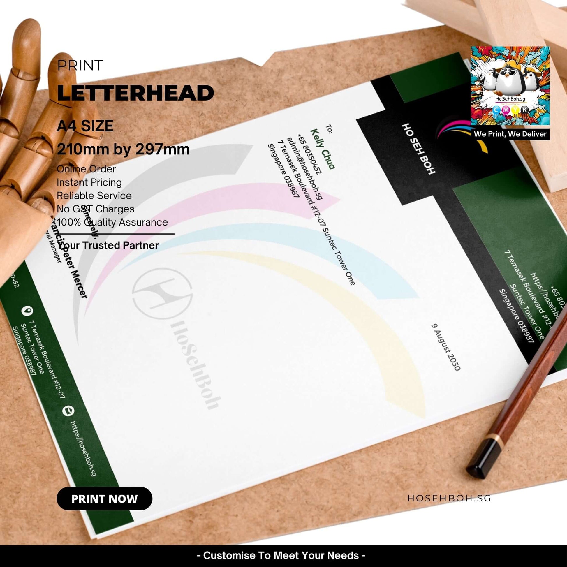 A4 size letterhead design showcasing affordable printing service in Singapore with quality assurance.