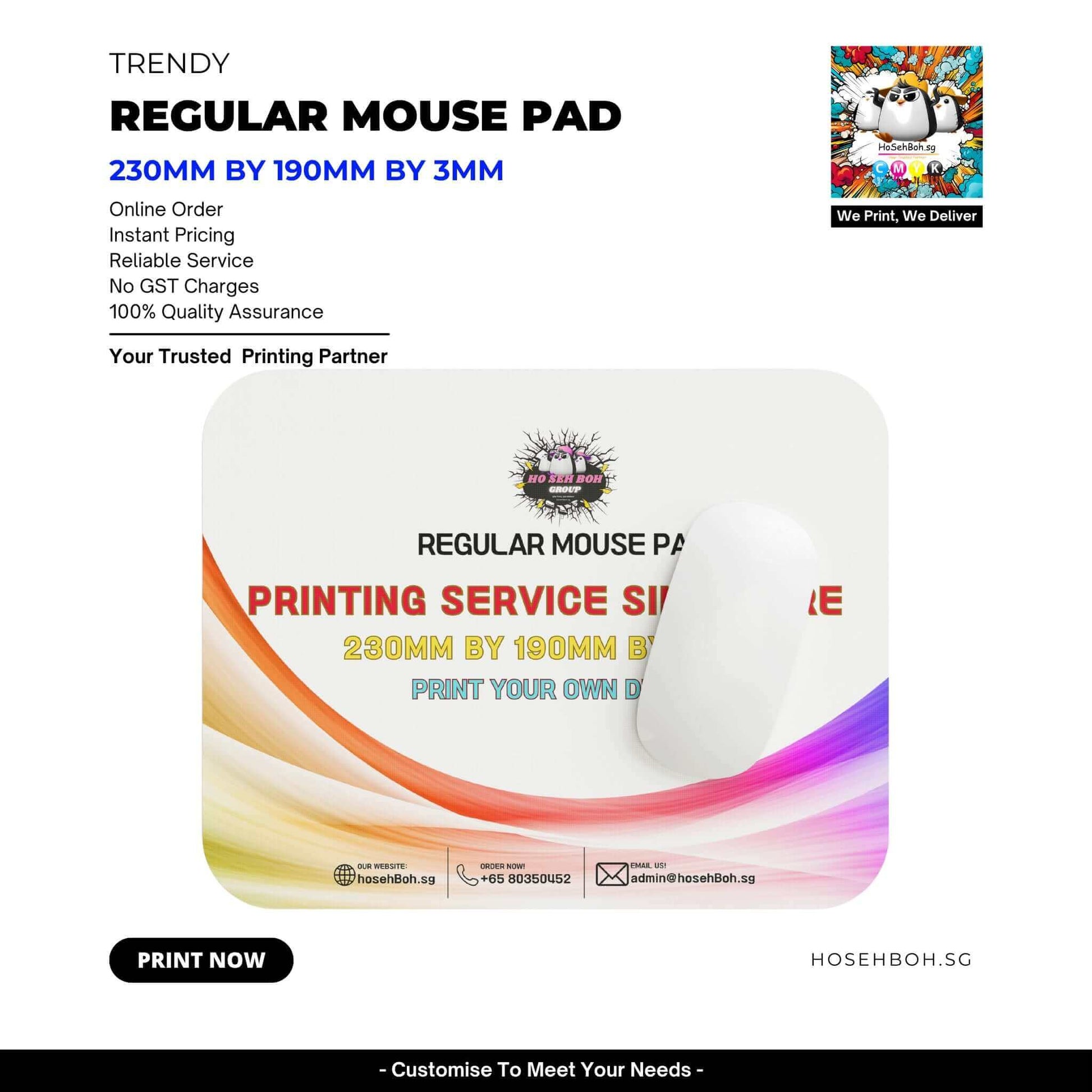 Custom regular mouse pad printing service in Singapore, dimensions 230mm by 190mm, reliable quality assured.
