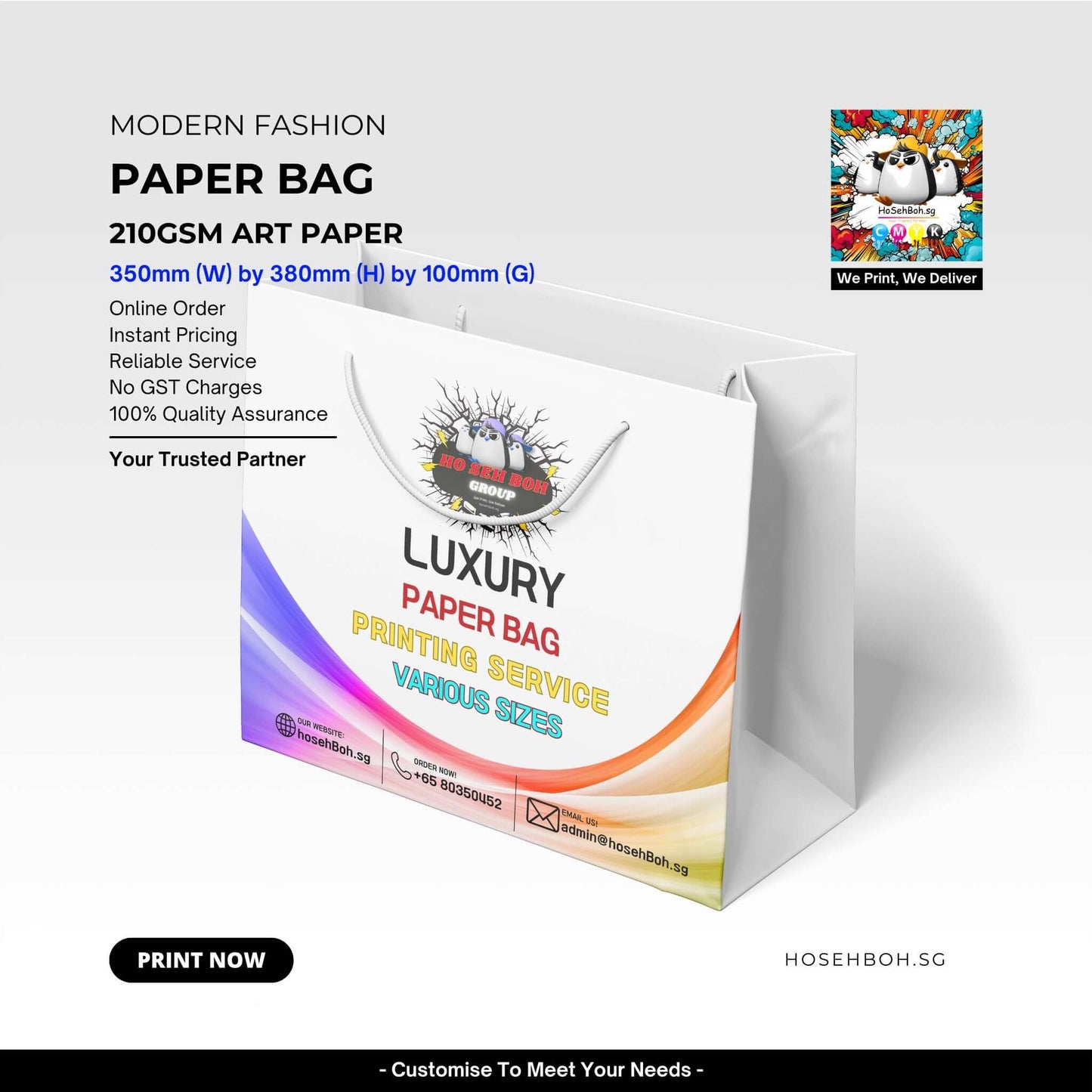 Custom shopping bags displayed with features like size and material specifications, emphasizing printing services.