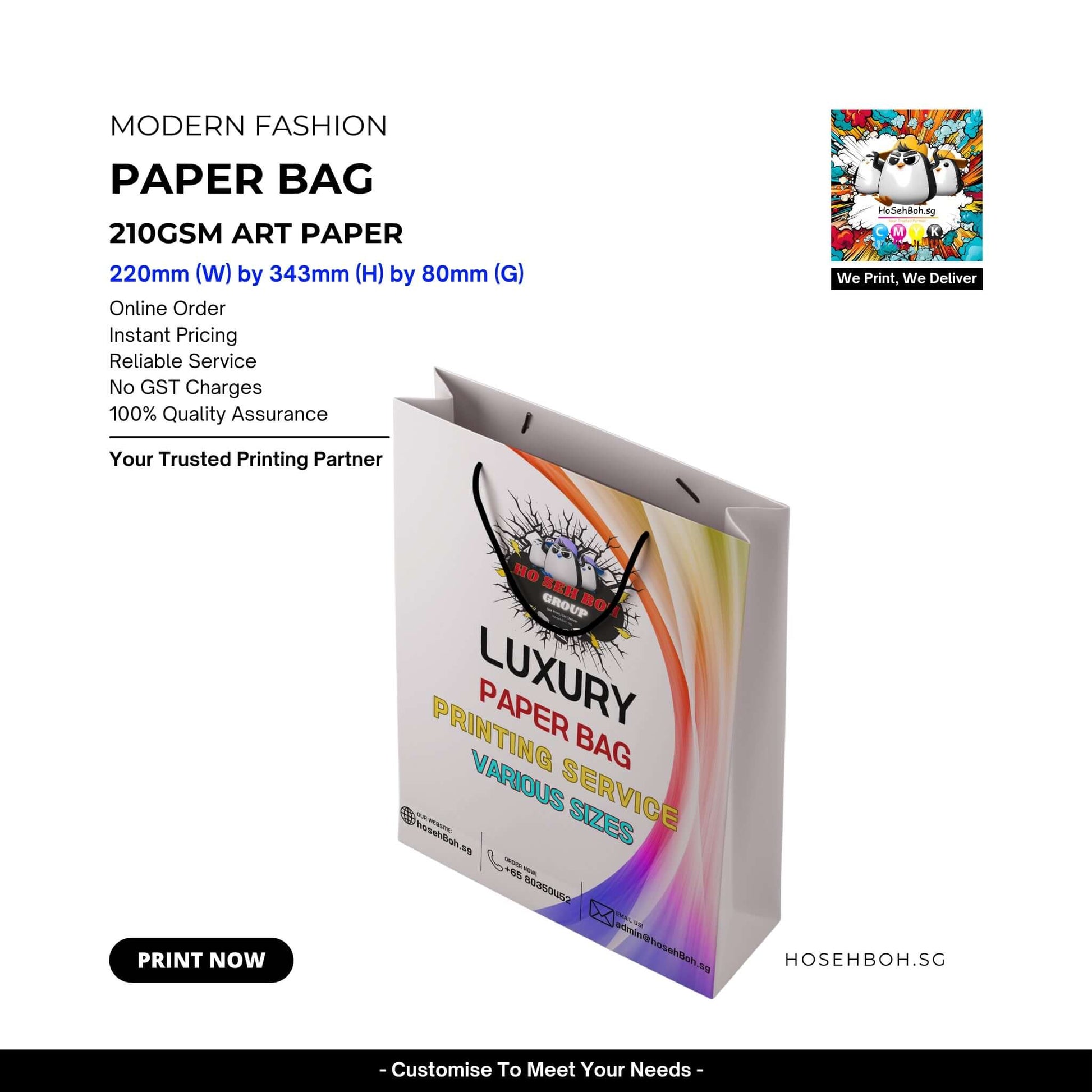 Premium paper bag featuring custom printing services with luxury design and various sizes for paper bag printing.