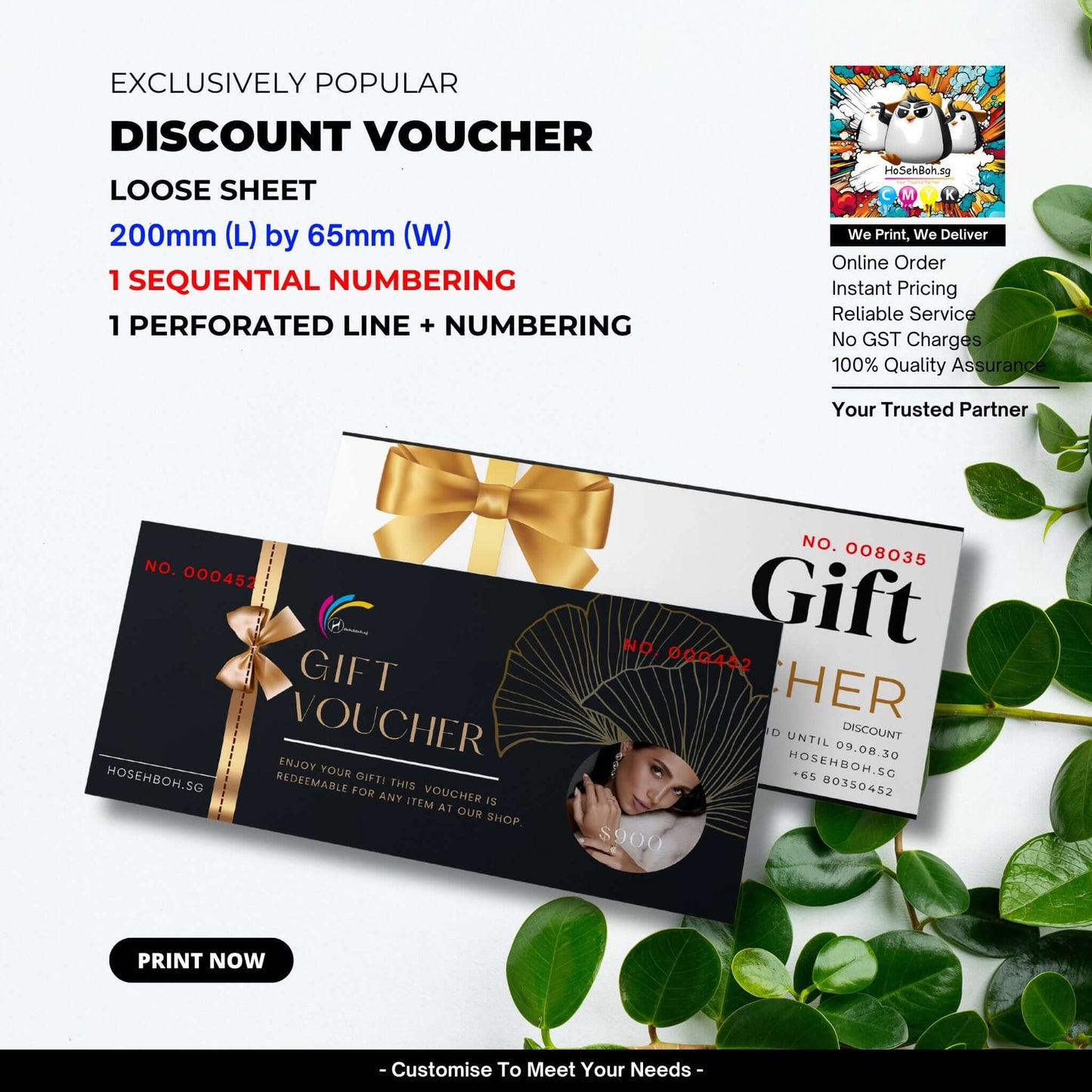 Custom printed discount vouchers with sequential numbering and perforated line near me in Singapore.