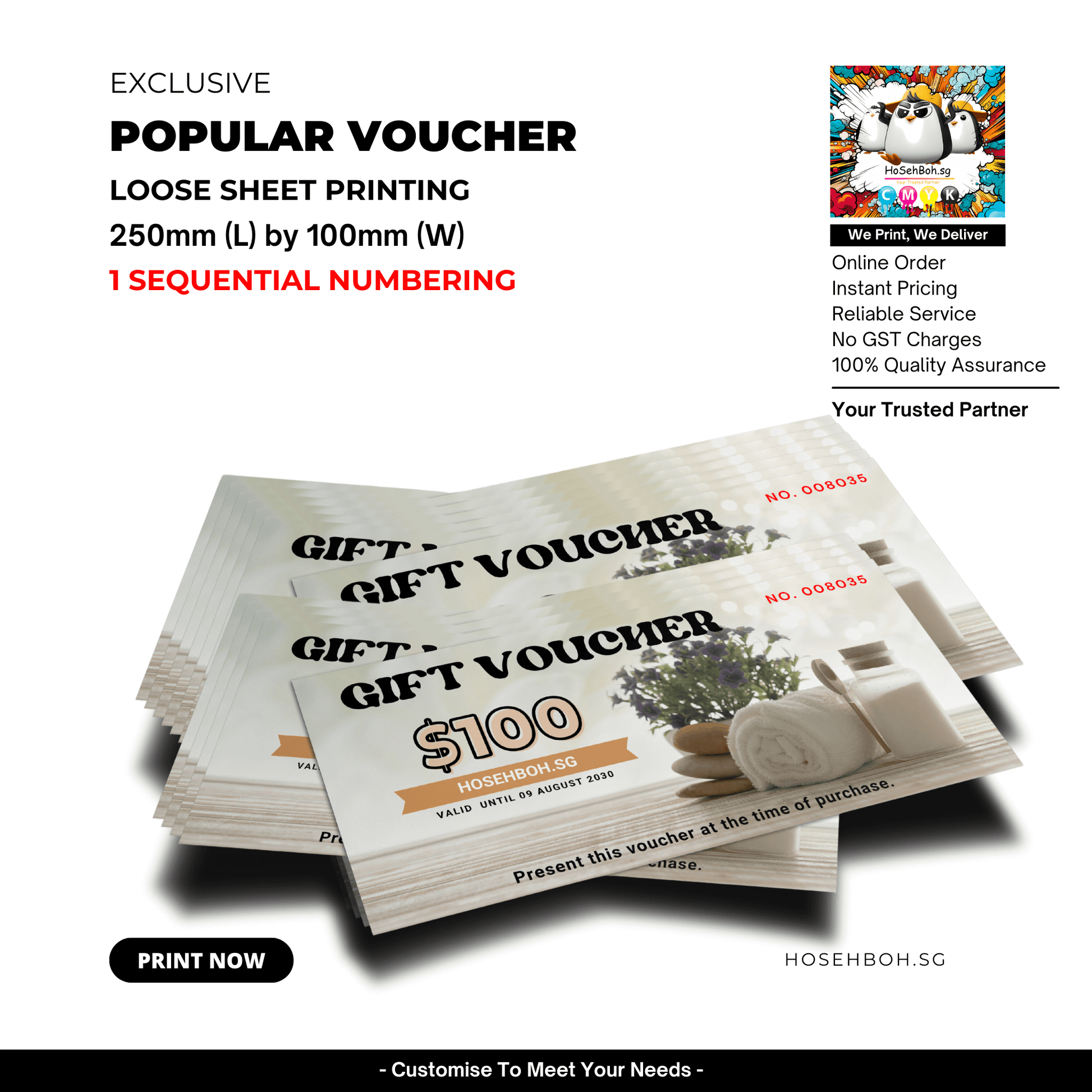 Custom discount vouchers 250mm x 100mm, cheapest voucher printing service Singapore by Ho Seh Boh Group.