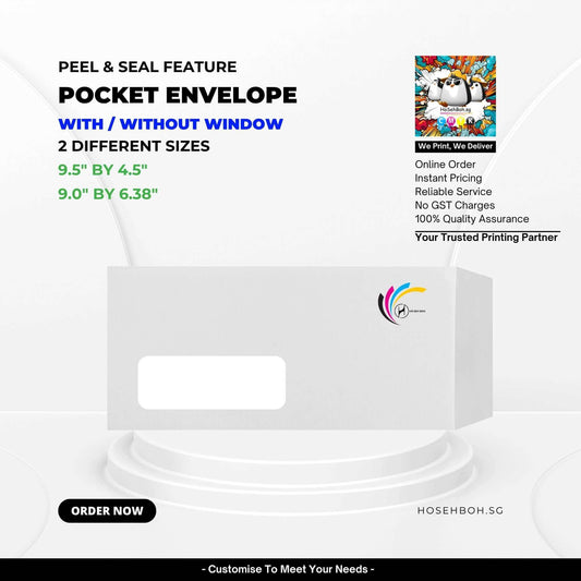 Ready-made pocket envelope with peel & seal feature, available in two sizes, by HoSehBoh.sg, Singapore.