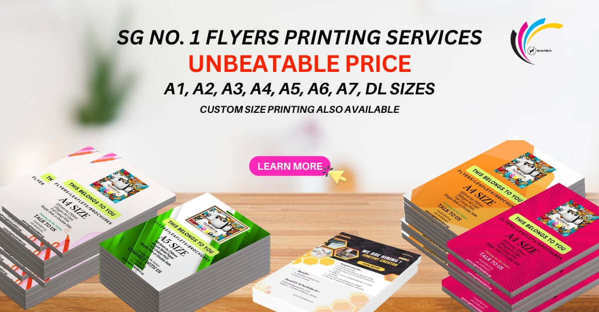 Colorful flyers showcasing printing services at unbeatable prices, with various sizes available for custom orders.
