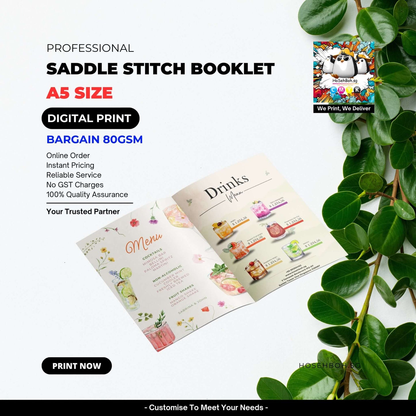 A5 size saddle stitch booklet showcasing menu design. Professional digital print services in Singapore.