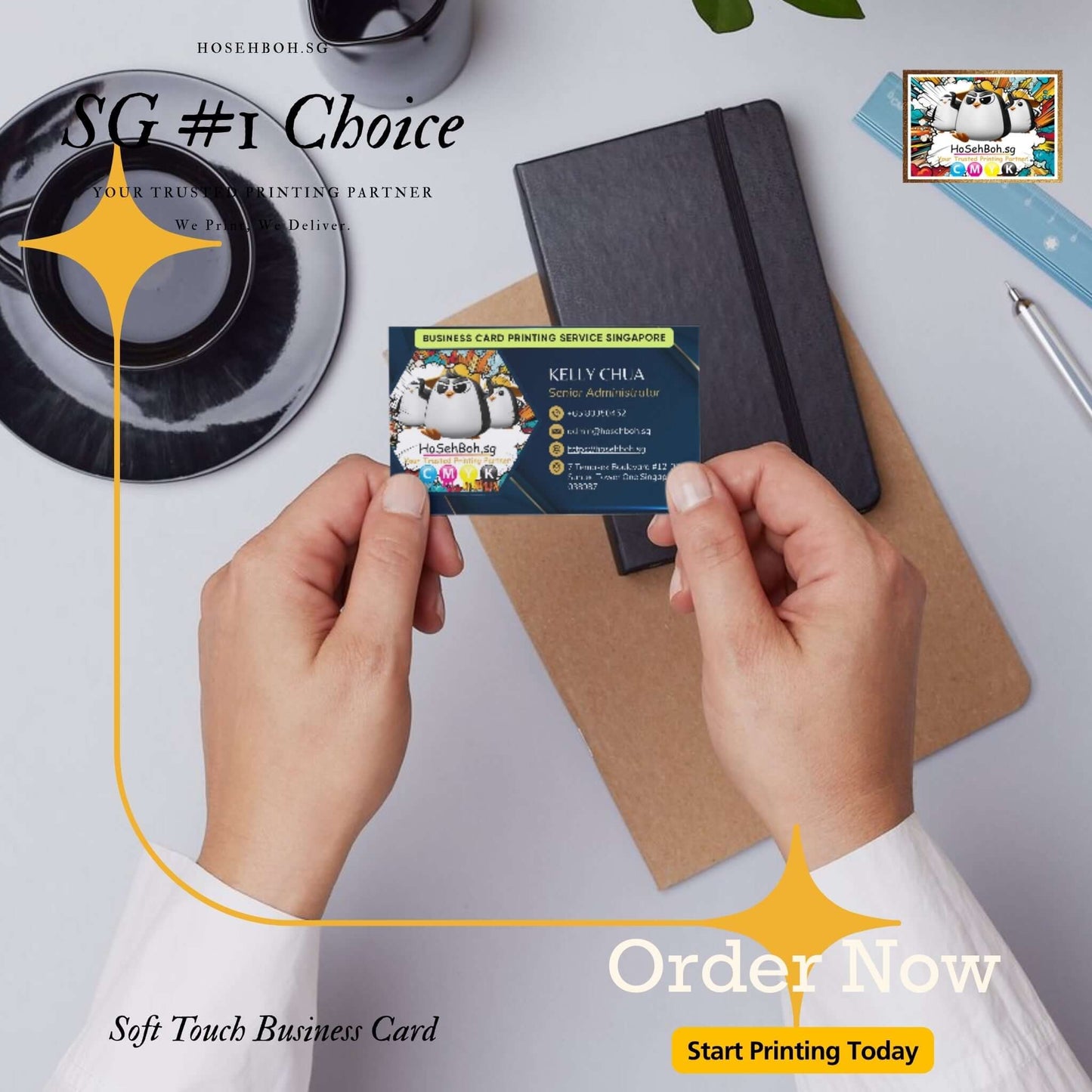 Hand holding a Soft Touch Business Card with Ho Seh Boh Group branding, promoting printing services in Singapore.