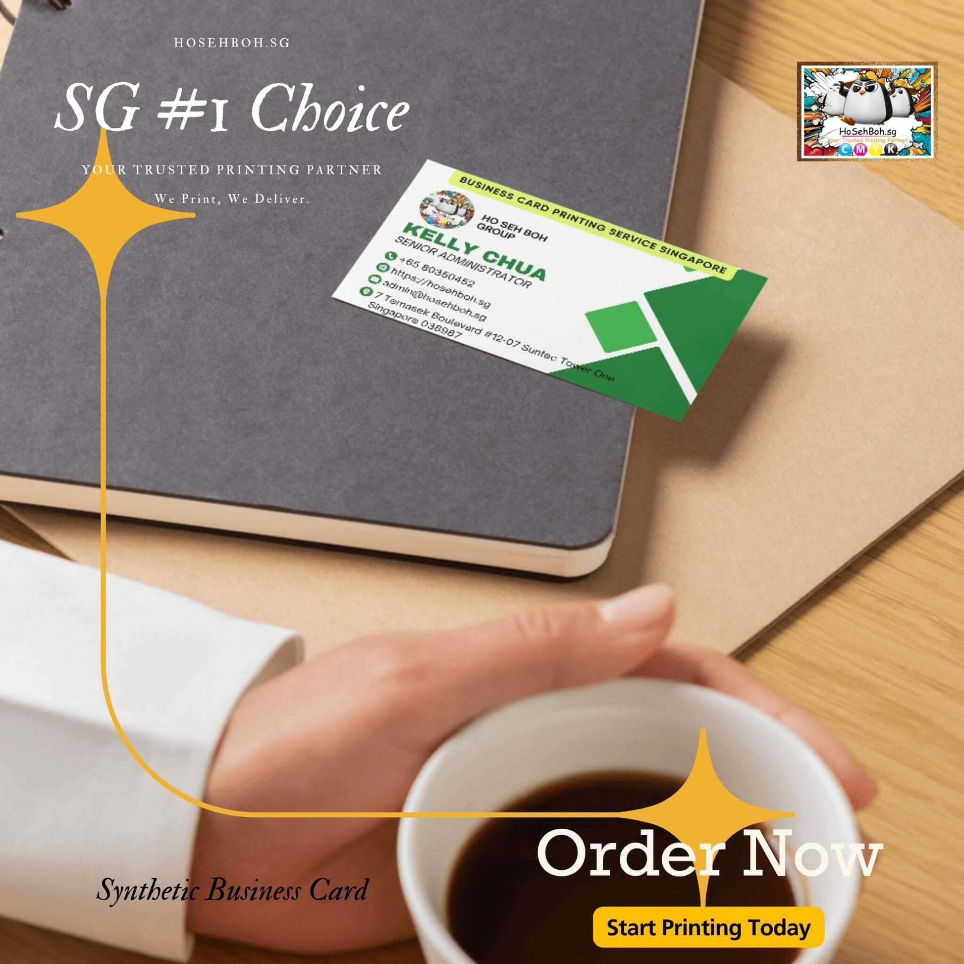 Synthetic business card displayed next to a notebook and coffee, promoting top-notch printing services in Singapore.