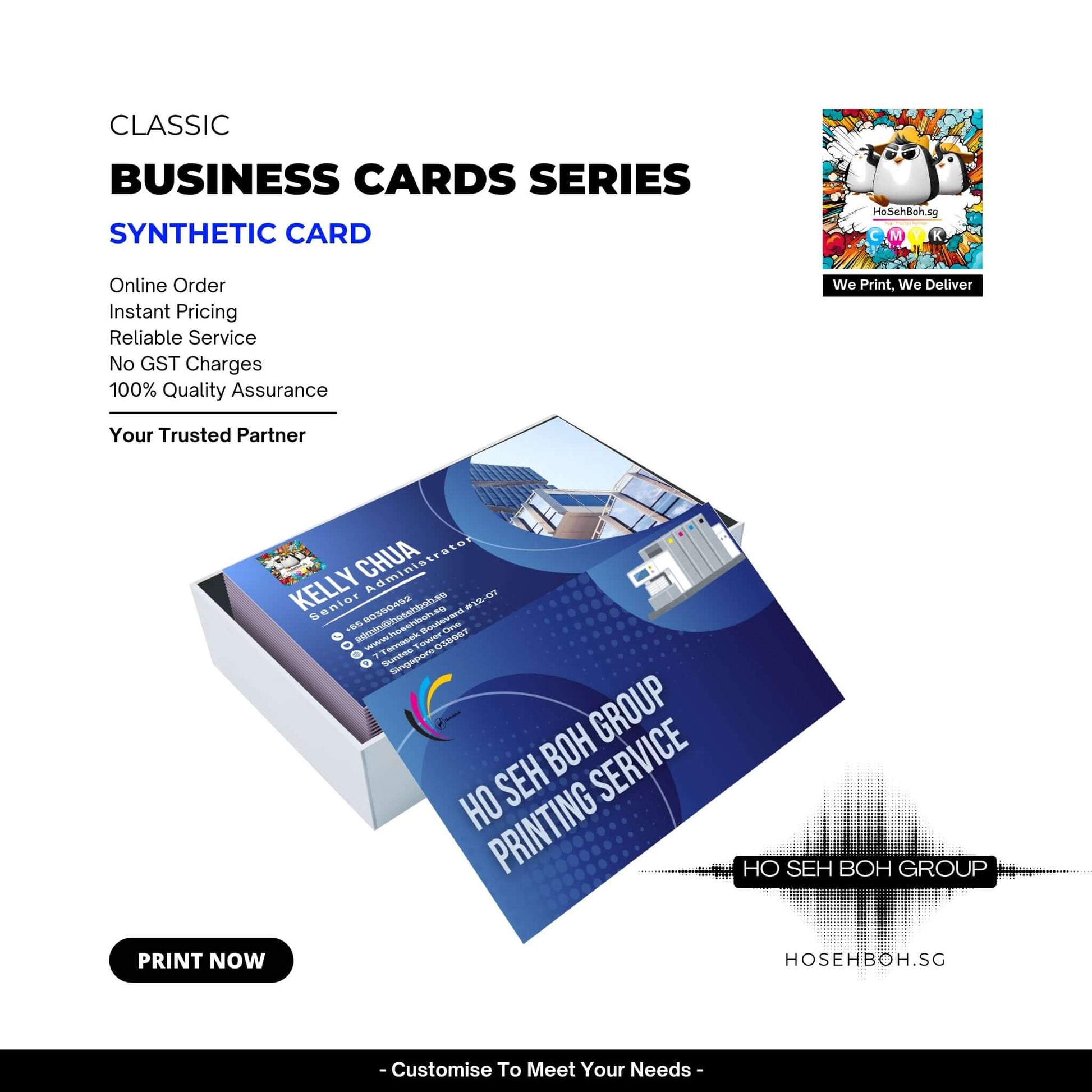 High-quality synthetic business card by Ho Seh Boh Group, showcasing online ordering and reliable printing services.