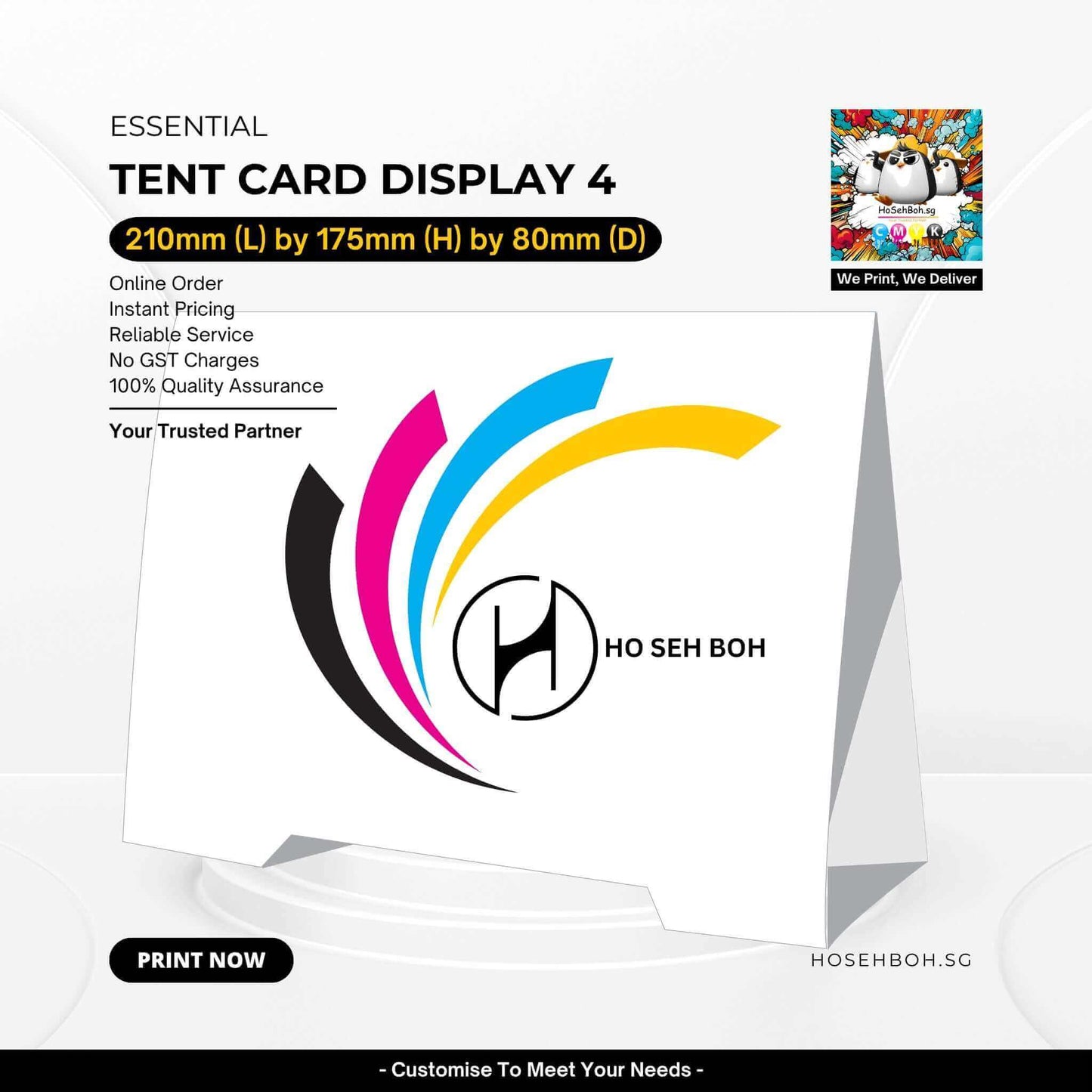 Tent card printing Singapore - Tent Card Display 4 with vibrant colors and company logo by Ho Seh Boh.