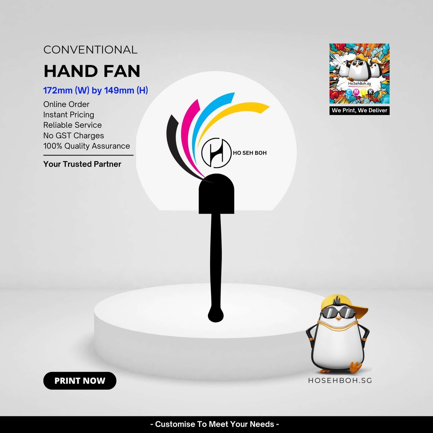 Custom hand fan featuring colorful design, black handle, and online order details from Ho Seh Boh, Singapore.