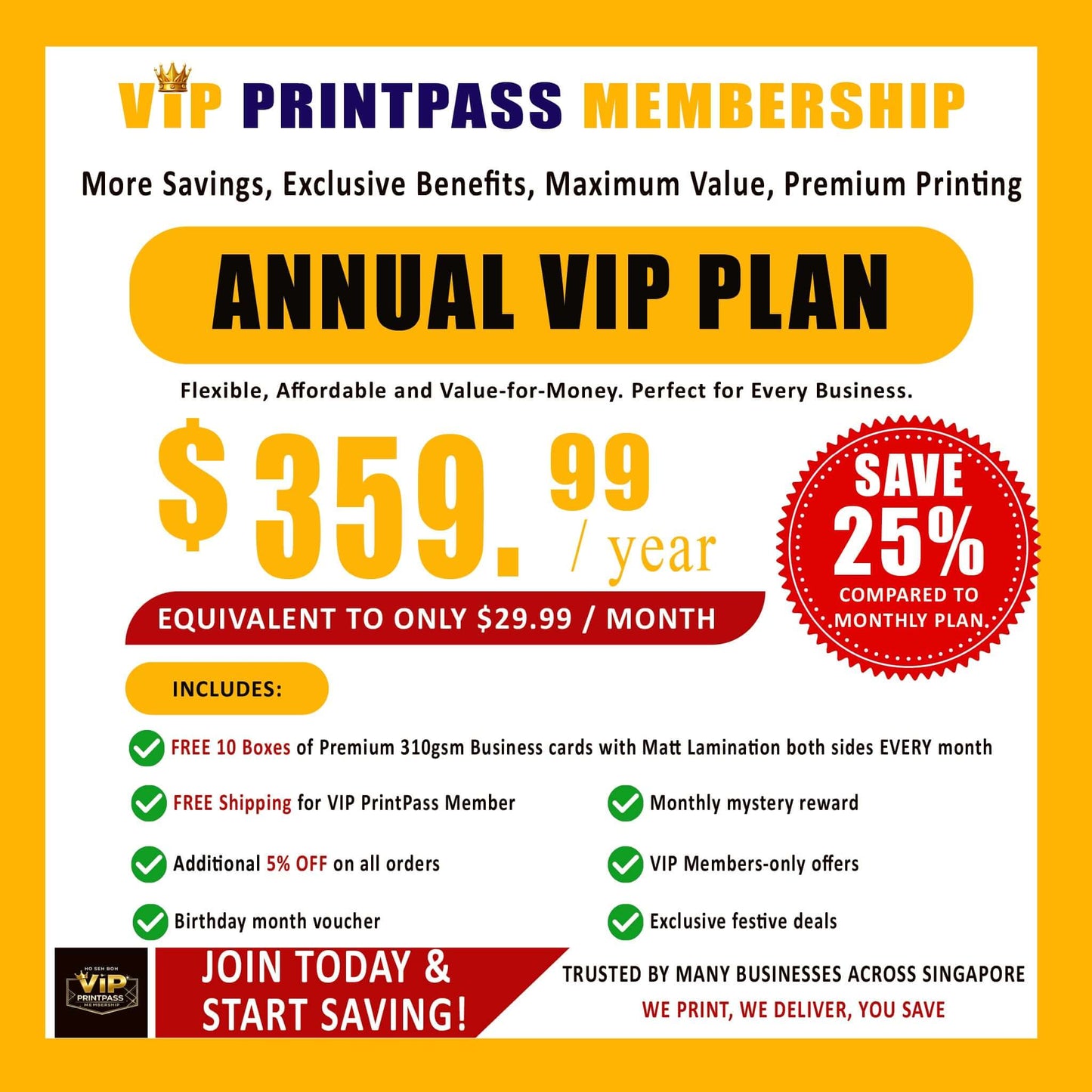 Annual VIP PrintPass Membership plan details, highlighting savings, benefits, and exclusive offers for businesses.