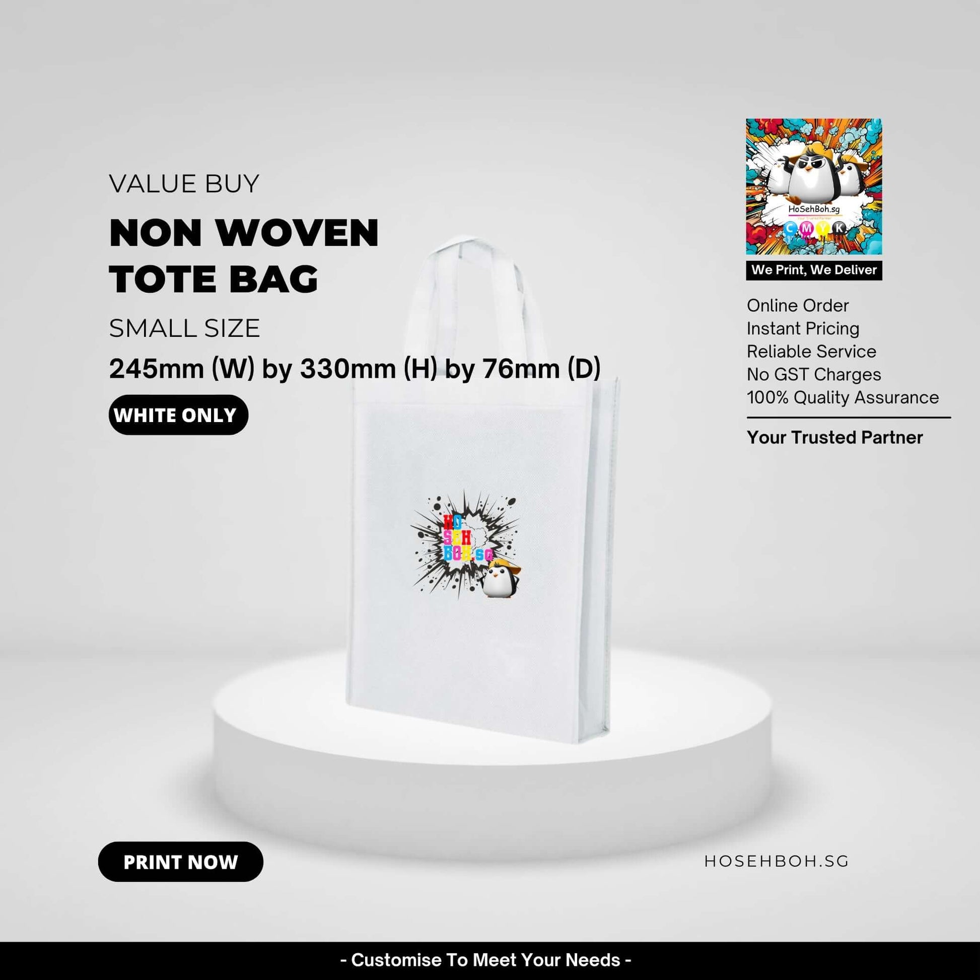 White tote bag - small non woven tote bag design with colorful print details and dimensions listed