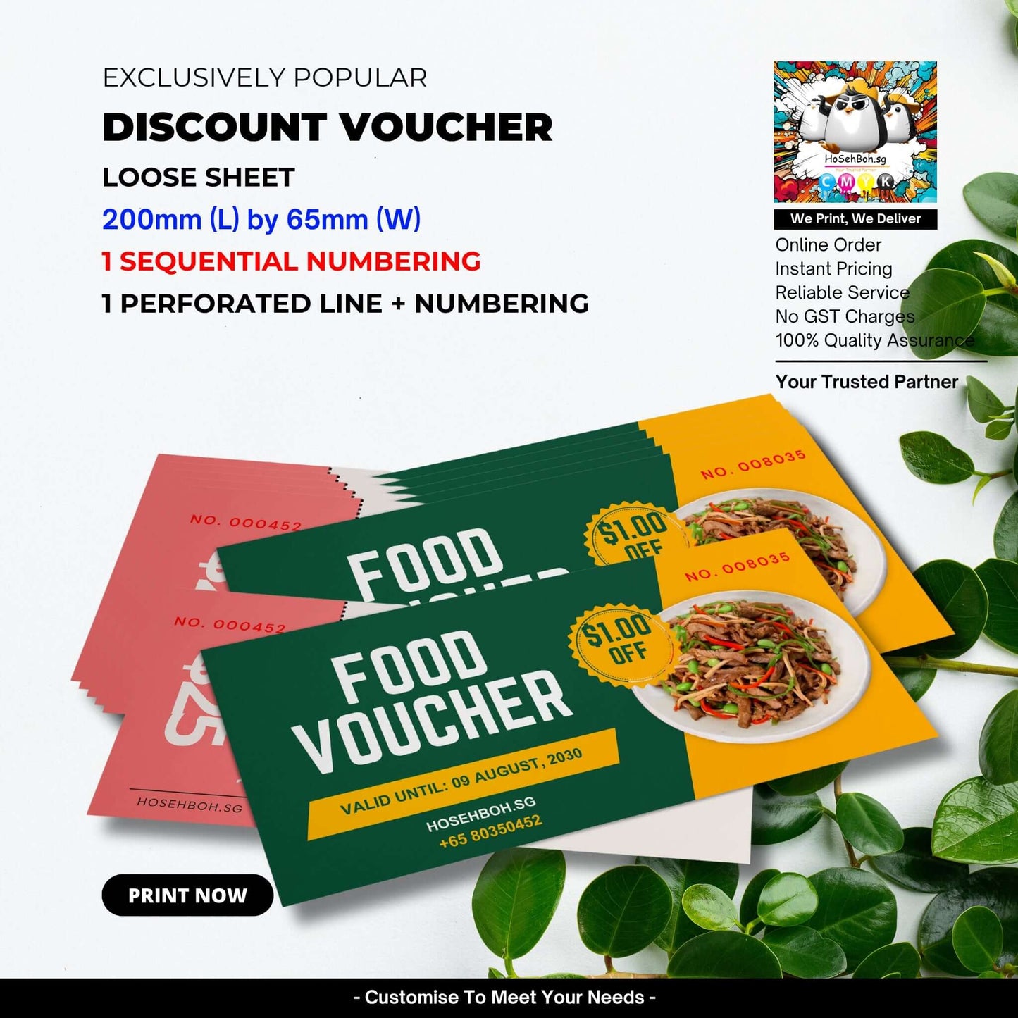 Discount vouchers with size 200mm by 65mm, customizable printing for promotions in Singapore Near You.