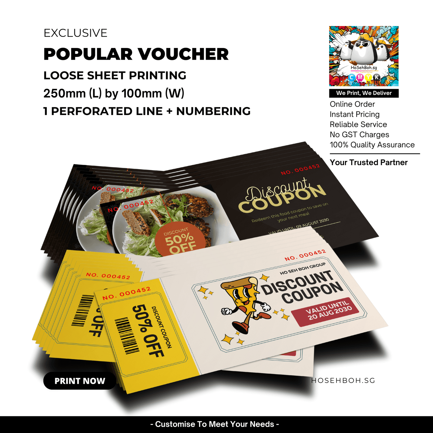 Custom discount vouchers showcasing 250mm x 100mm printing, offered by Ho Seh Boh Group in Singapore.