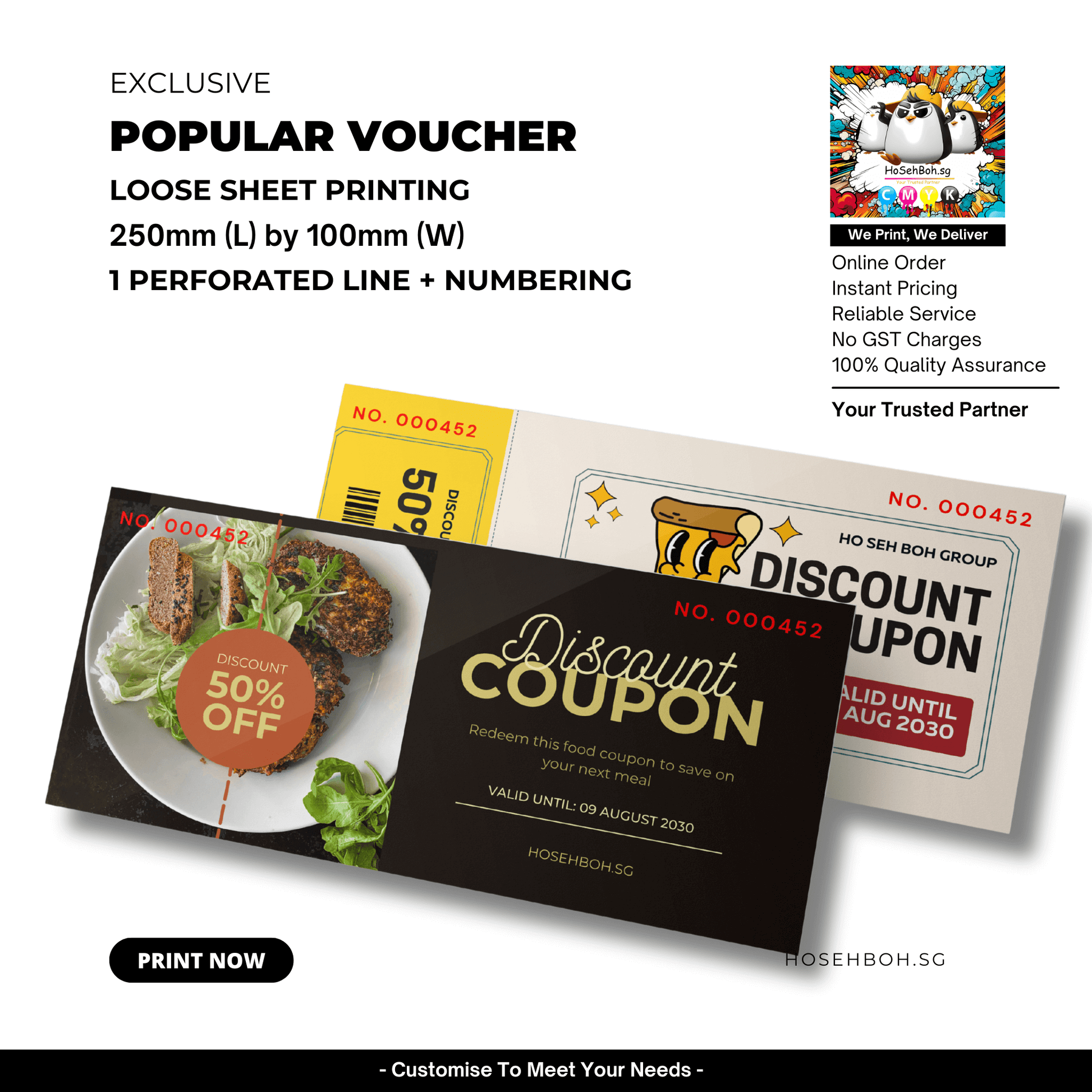 Custom printed discount vouchers 250mm by 100mm for promotions and events by Ho Seh Boh Group.