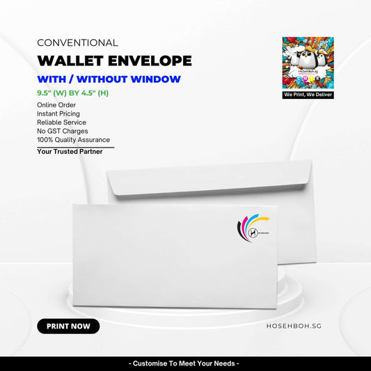 Customizable wallet envelopes with or without window, ideal for business mailings and reliable printing services in Singapore.