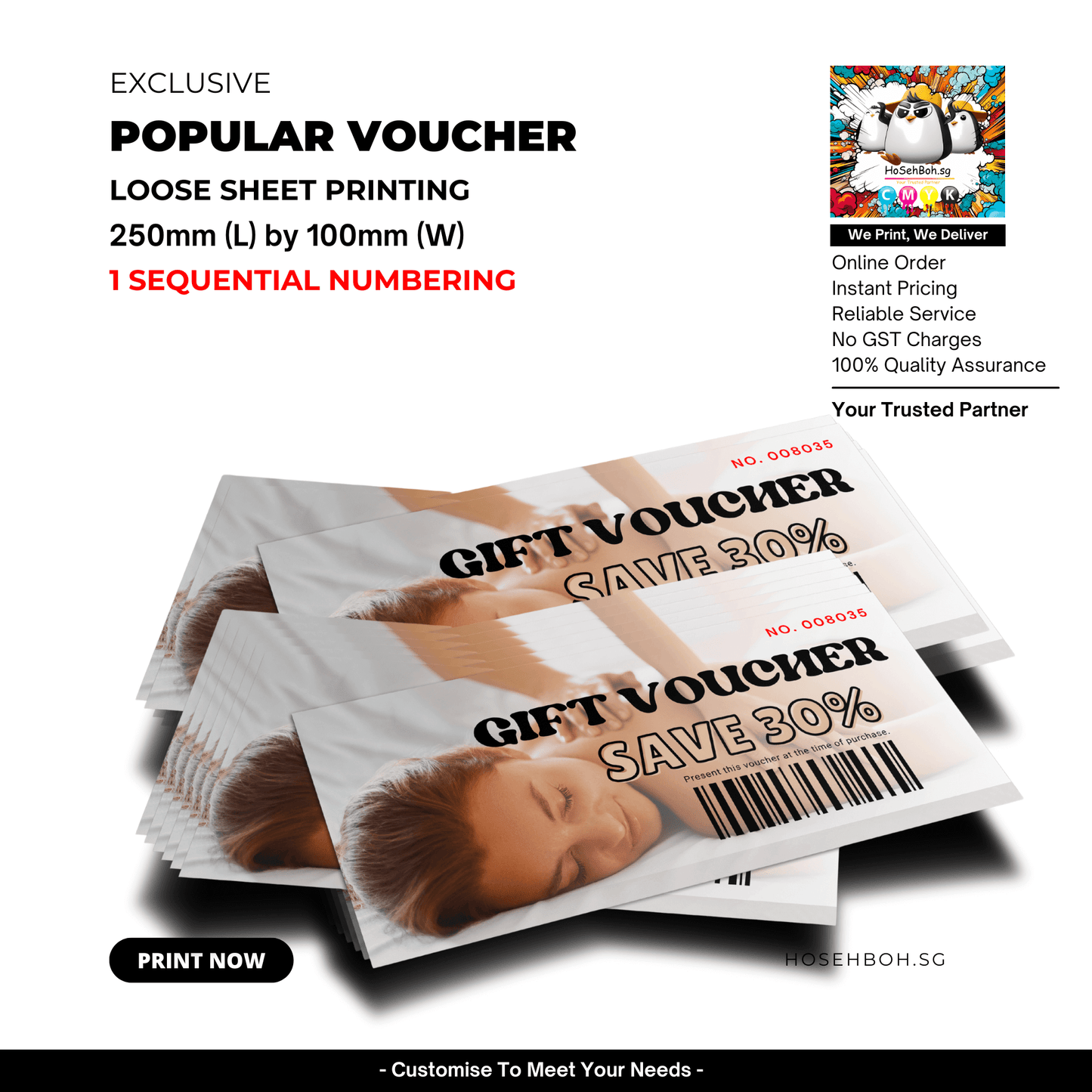 Custom printed vouchers 250mm x 100mm for events and promotions by Ho Seh Boh Group, cheapest voucher printing service in Singapore.