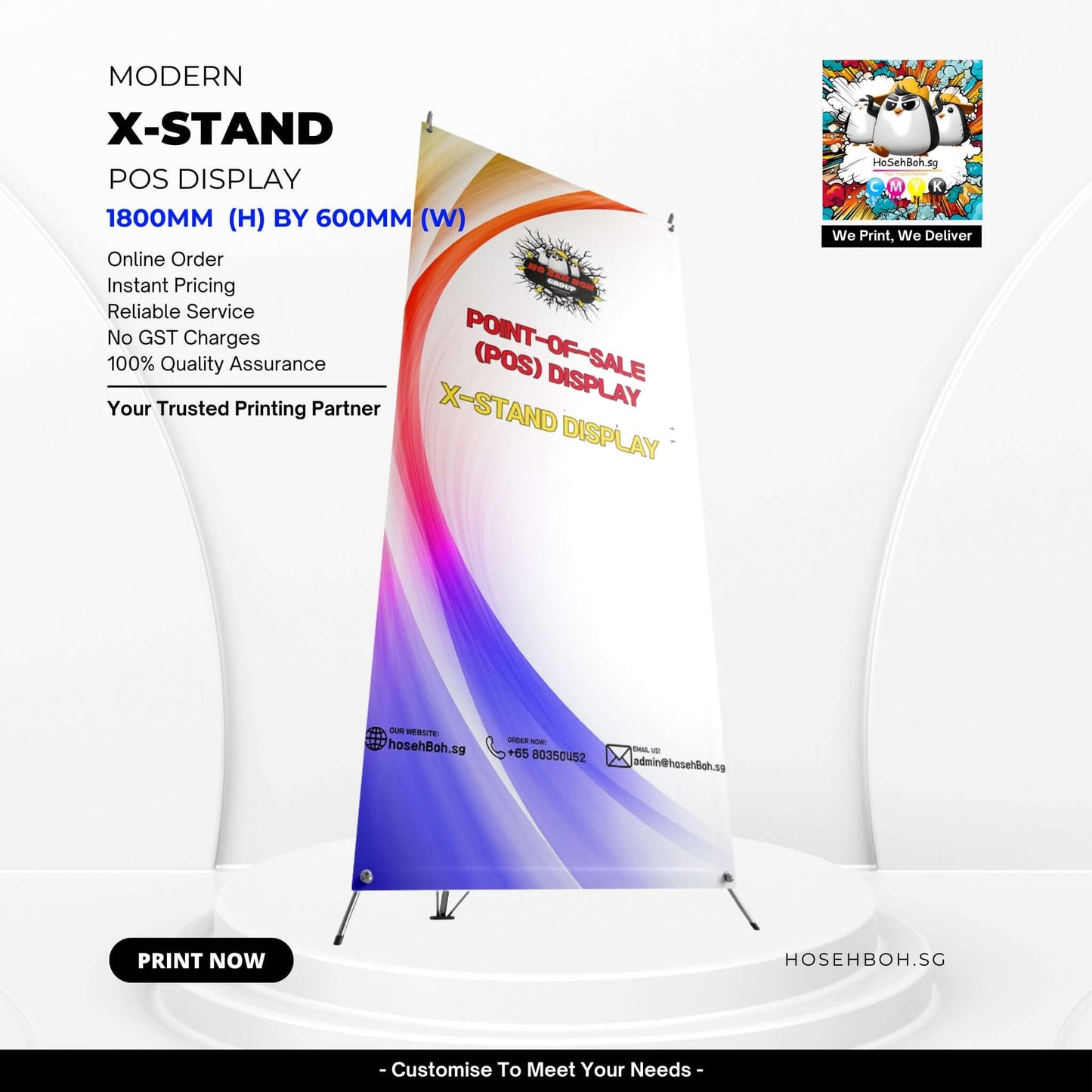 Modern X-Stand POS display featuring vibrant design, dimensions 1800mm by 600mm, by hosehBoh.sg.