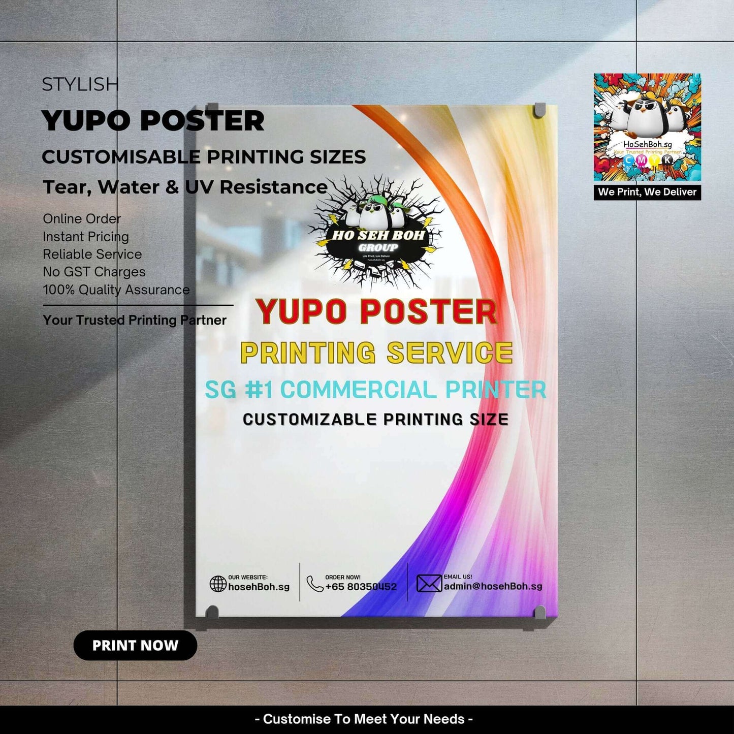 Stylish Yupo poster showcasing customizable printing sizes, tear, water, and UV resistance. Order online for quality service.
