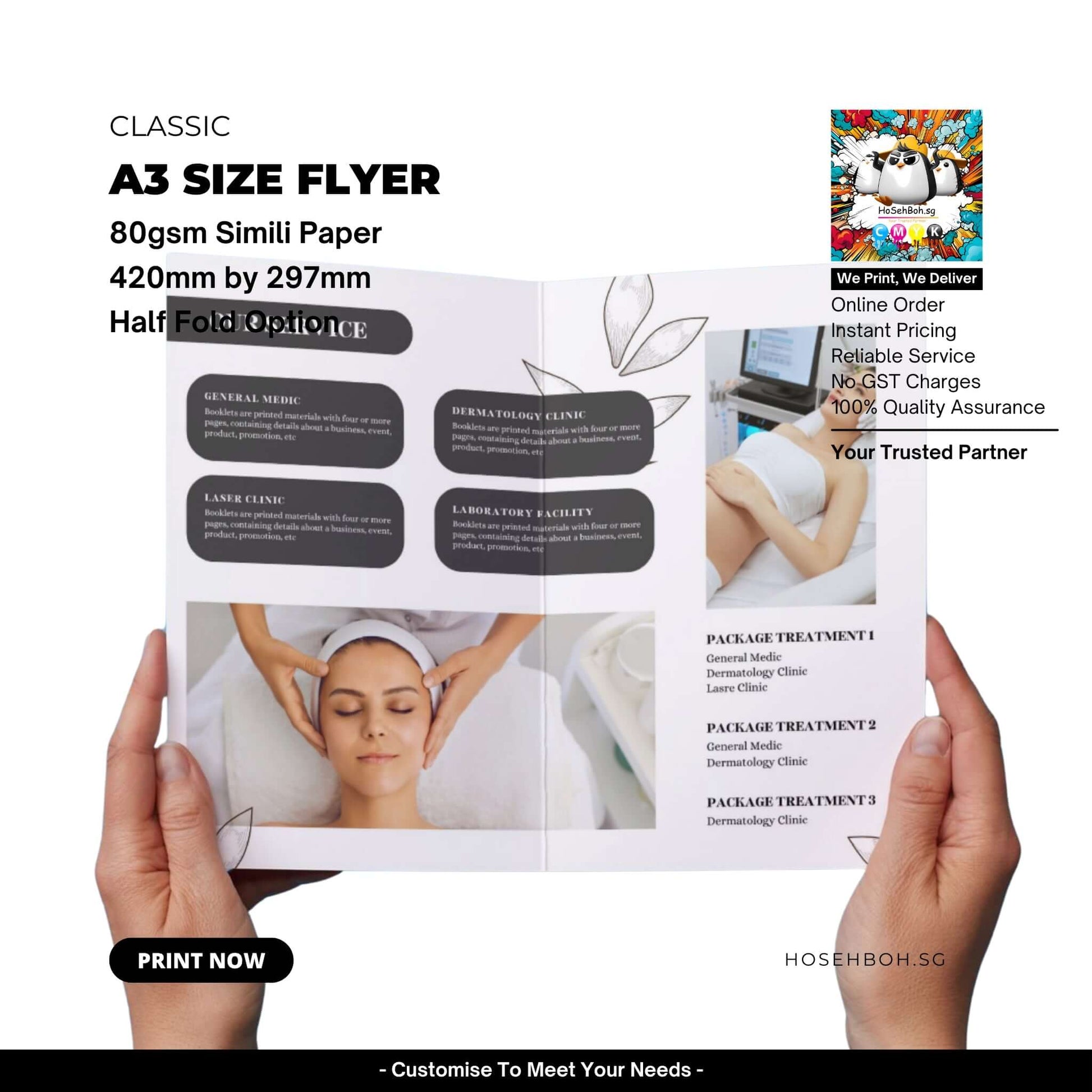 A3 size flyer in singapore showcasing 80gsm simili paper with half fold option, dimensions 420mm by 297mm and 210mm by 297mm.
