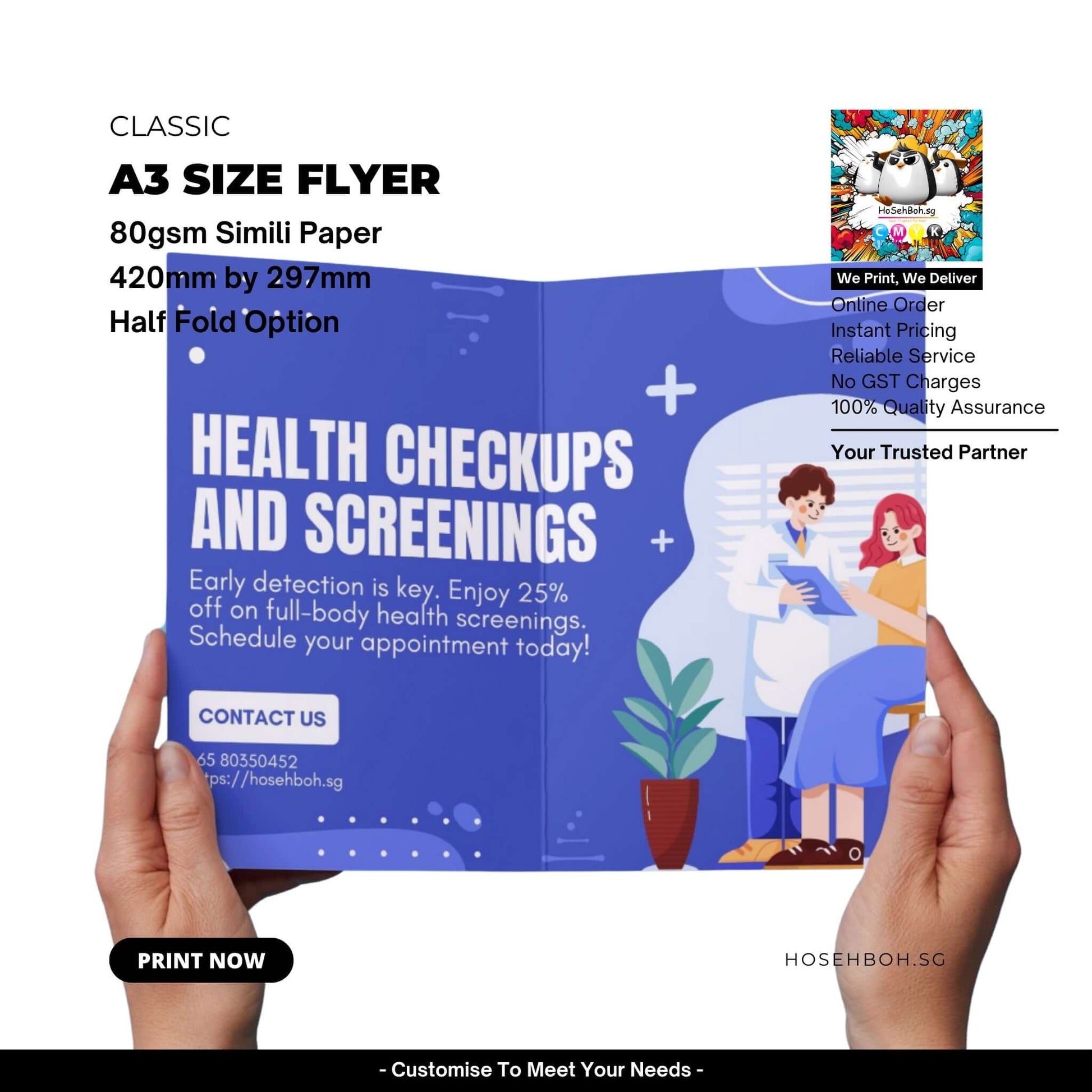 A3 size flyer design featuring health checkups, 80gsm simili paper, half fold option, and vibrant graphics and vivid colour printing.