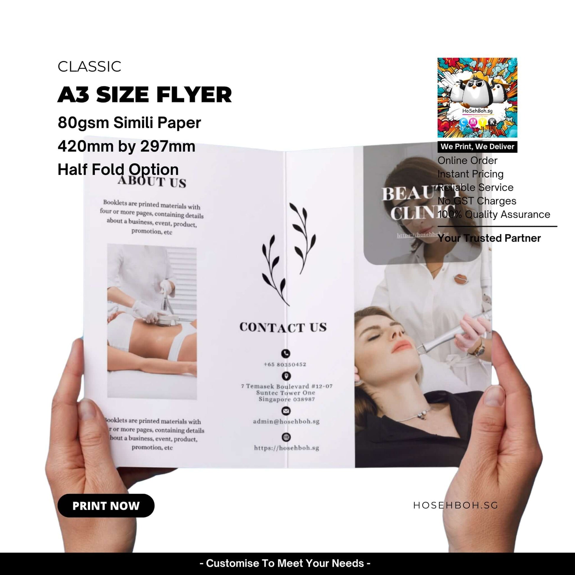 A3 size flyer on 80gsm simili paper, featuring a half fold option and showcasing contact information and visuals in Singapore