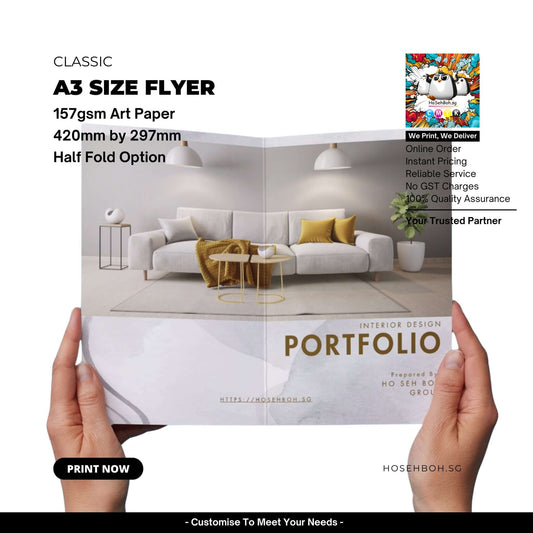 A3 size flyer printing on 157gsm art paper, showcased in a half-fold design for interior design portfolios.