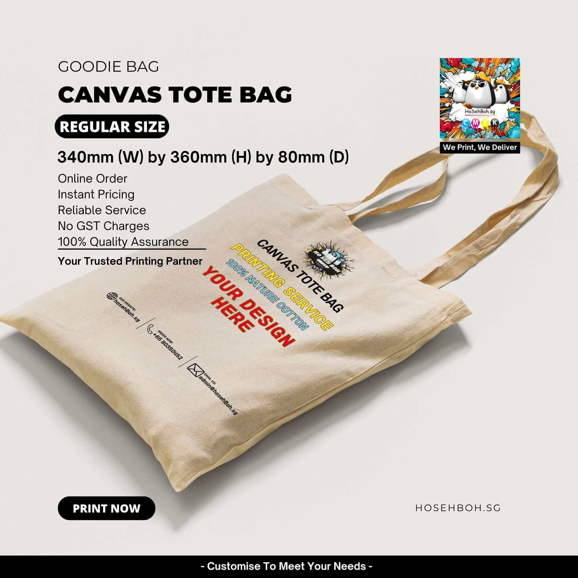 Canvas Tote Bag - Regular Size featuring dimensions and design customization options for personalized shopping experiences.