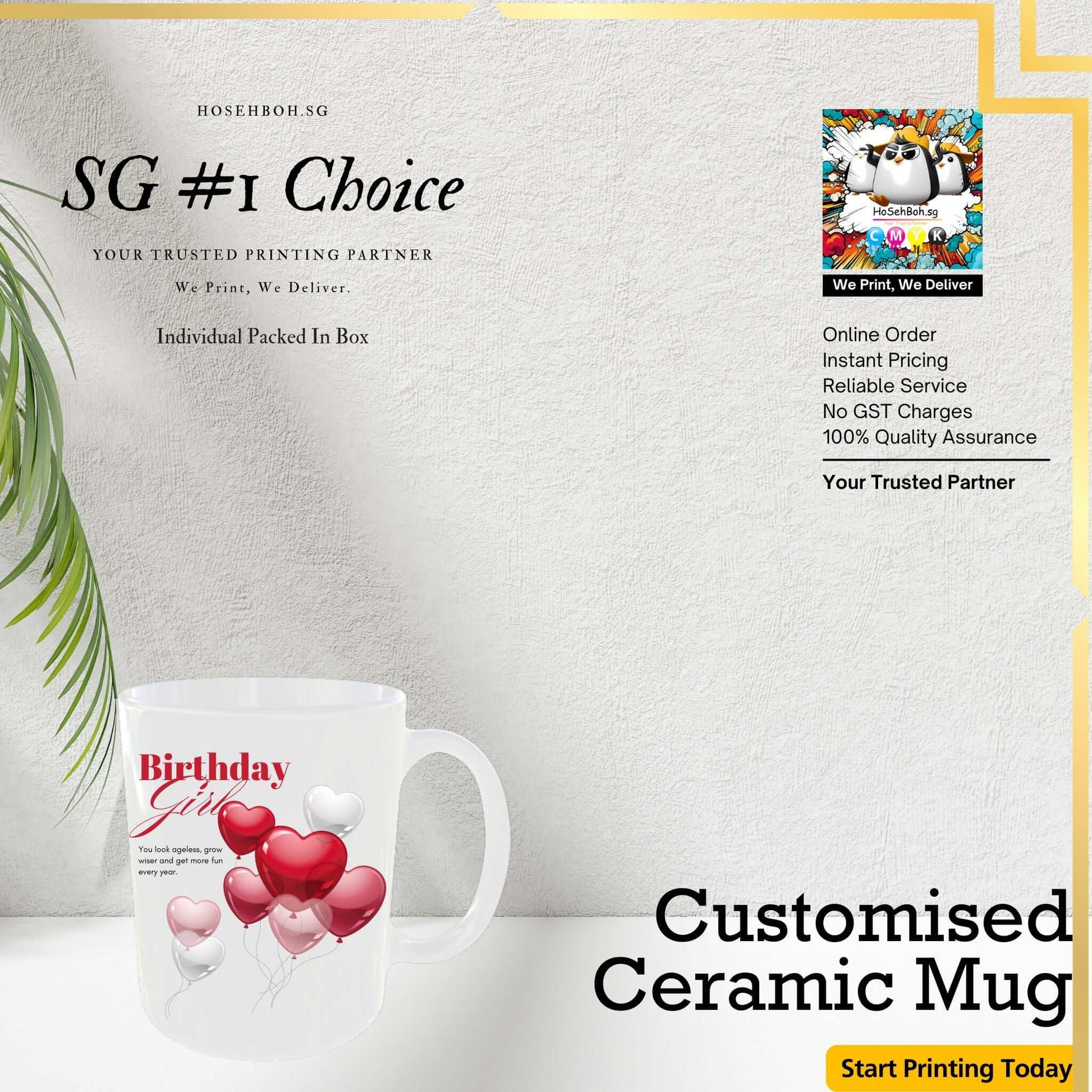 Personalised ceramic mug with birthday design and heart balloons, available through Ho Seh Boh Group in Singapore.