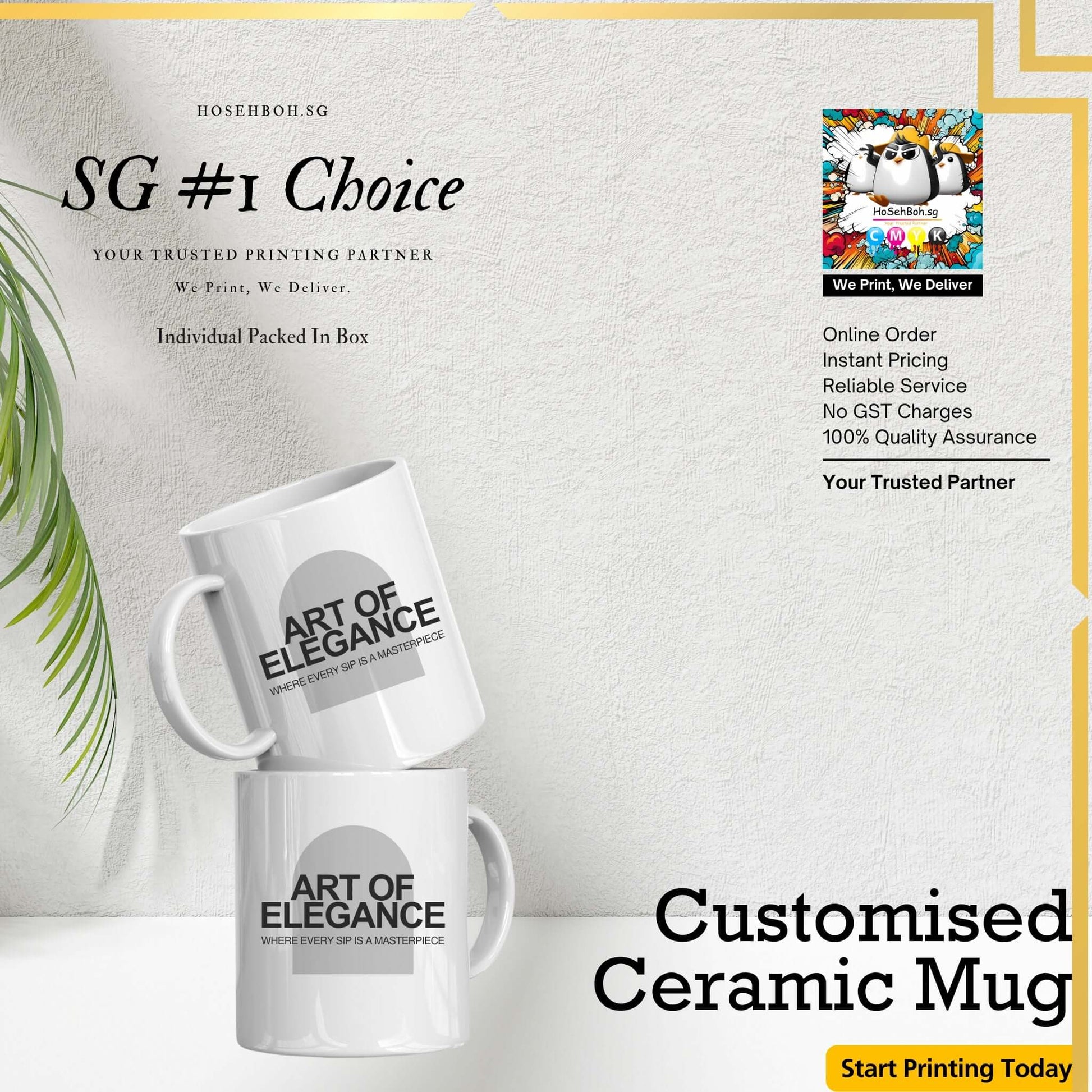 Customised ceramic mugs showcasing 'Art of Elegance' design, ideal for personalised printing service in Singapore.