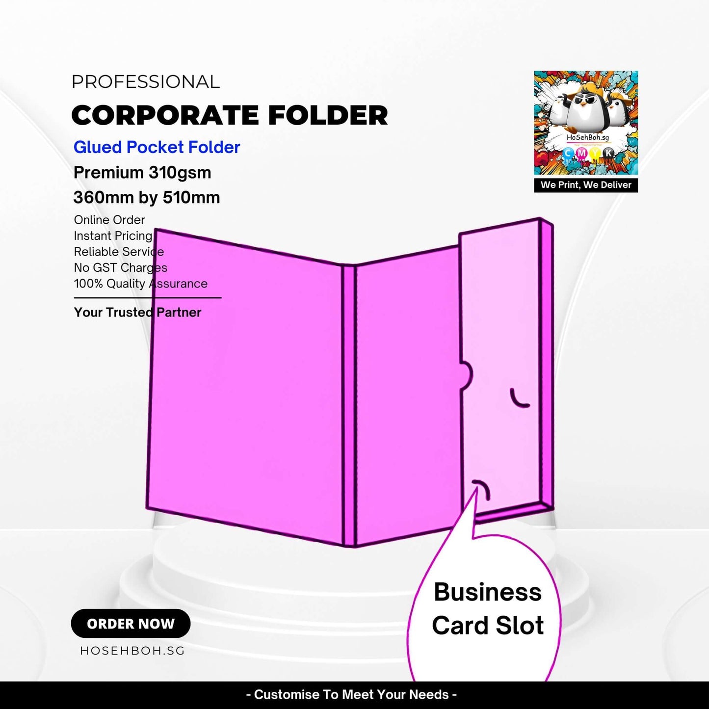 Premium 310gsm corporate folder with glued pocket and business card slot, ideal for presentations and meetings in Singapore.