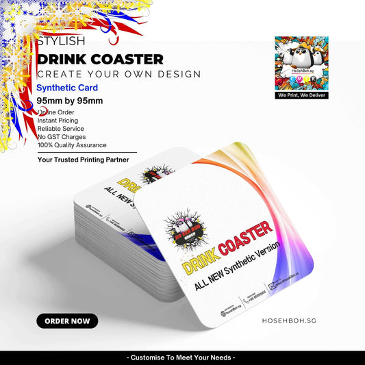 Stylish synthetic drink coasters; customizable design, 95mm x 95mm; printed by hosehBoh.sg for quality assurance.