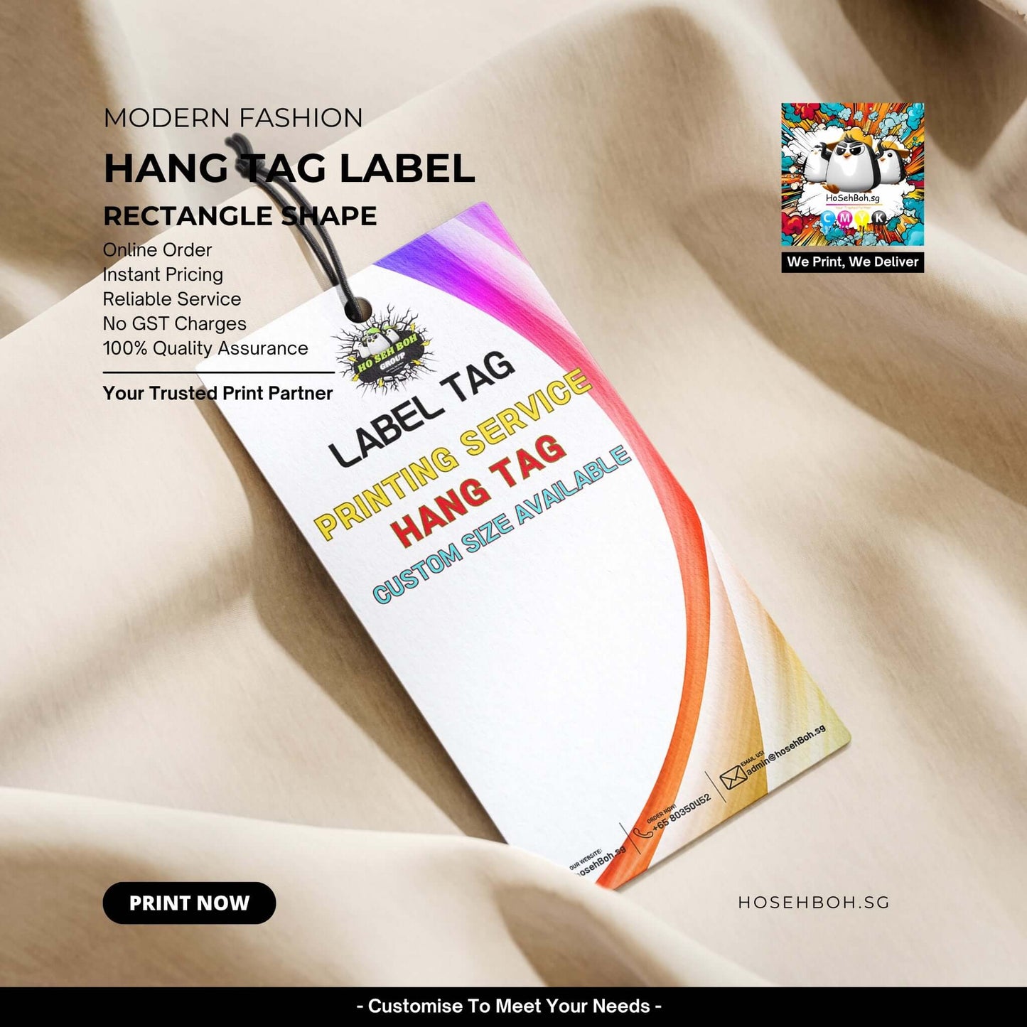 Modern fashion rectangular hang tag label, showcasing printing service and instant pricing on a soft fabric background.