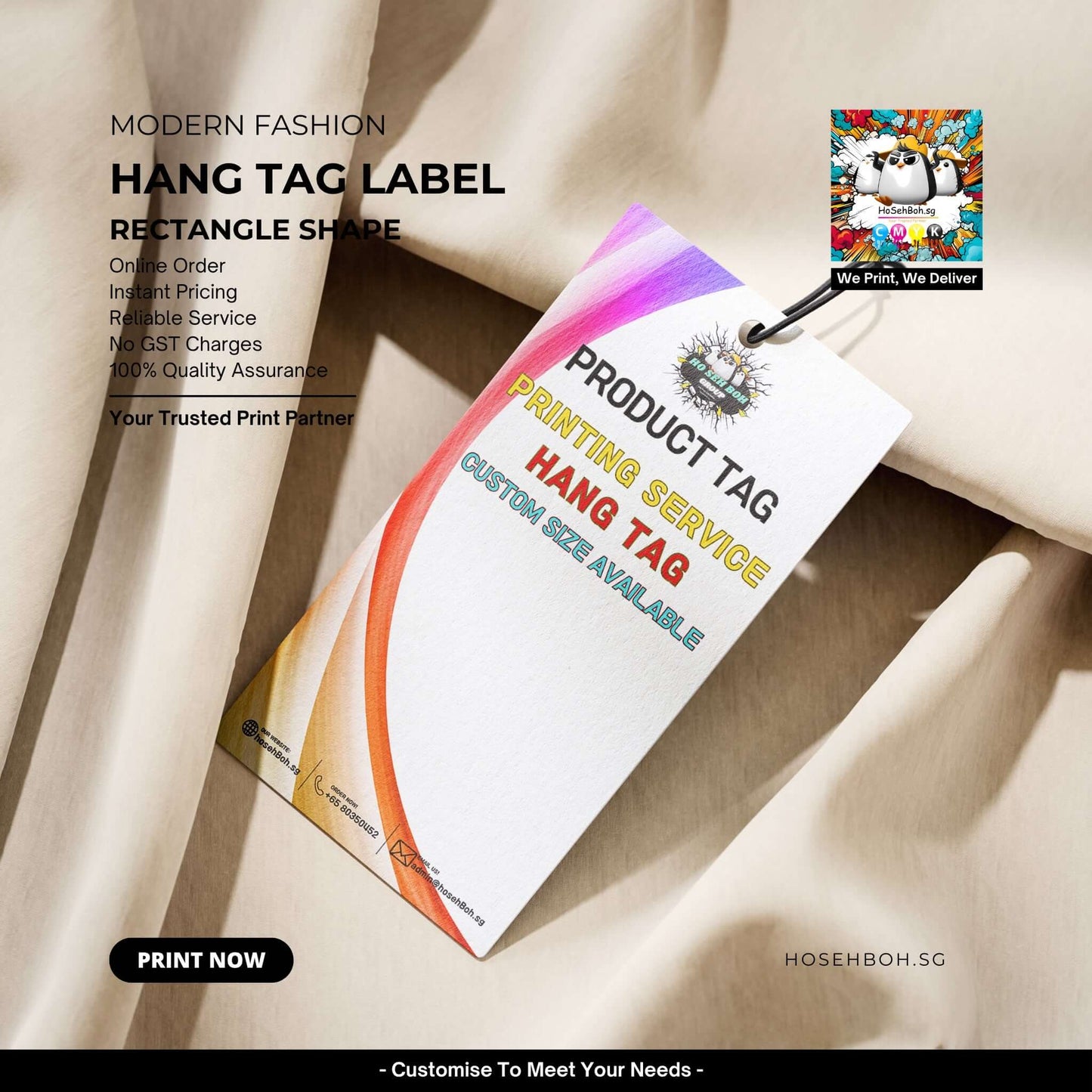Modern fashion hang tag label with printing service details and colorful design on a fabric background.