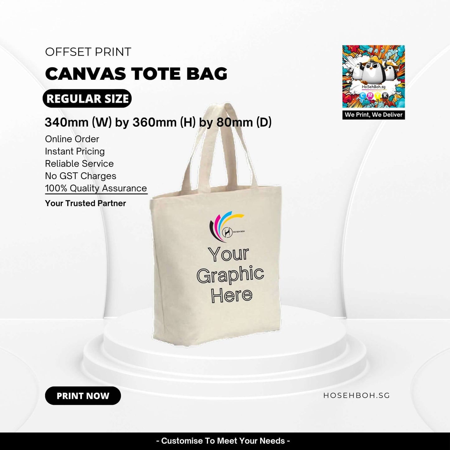 Canvas tote bag in natural color with customizable graphic space, dimensions 340mm x 360mm x 80mm, perfect for everyday use.