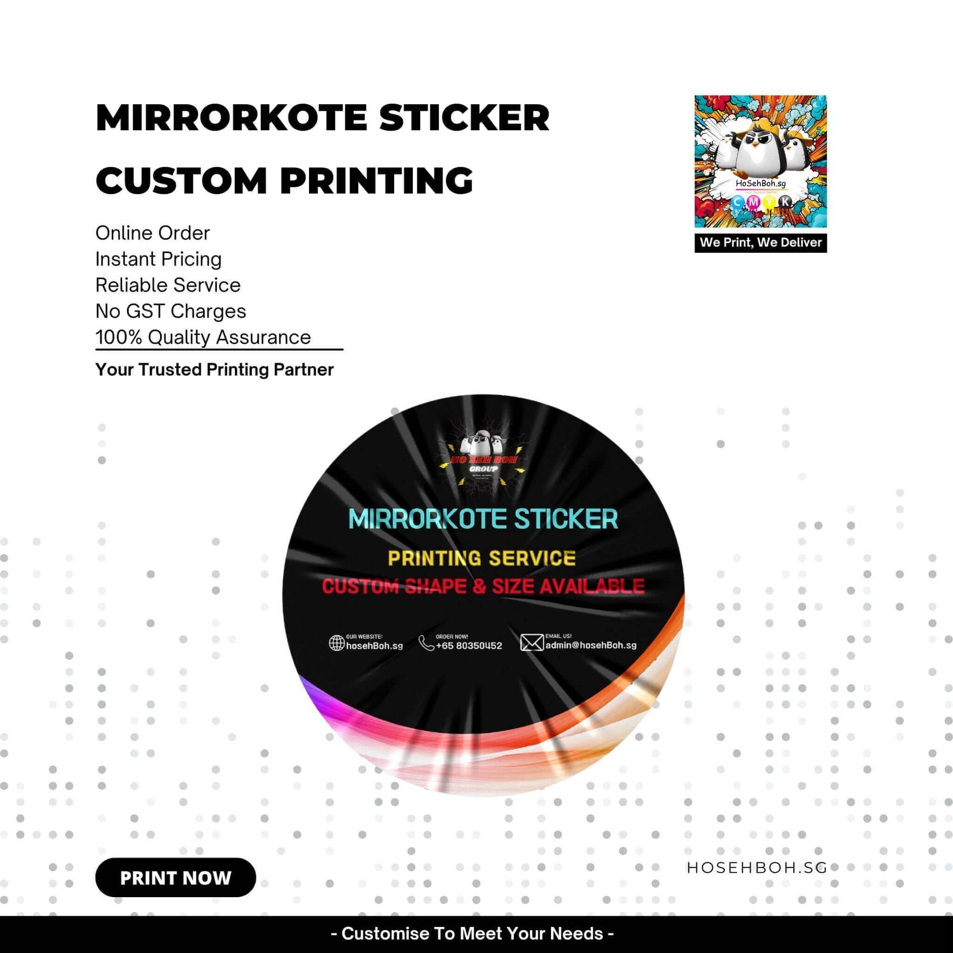 Custom MirrorKote sticker printing service, featuring online order, instant pricing, and 100% quality assurance.