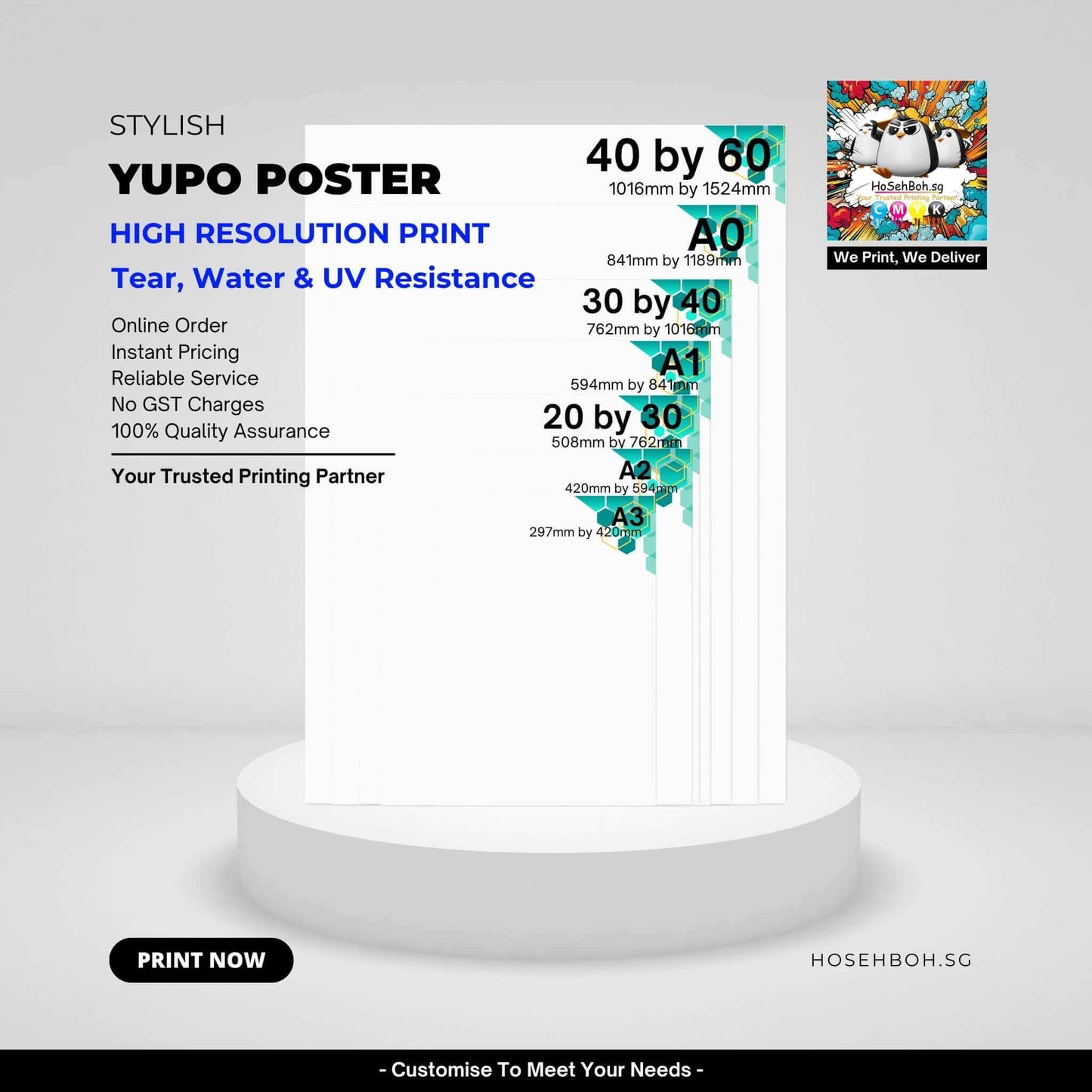 Yupo Poster with high resolution print details including sizes and features like tear, water, and UV resistance.