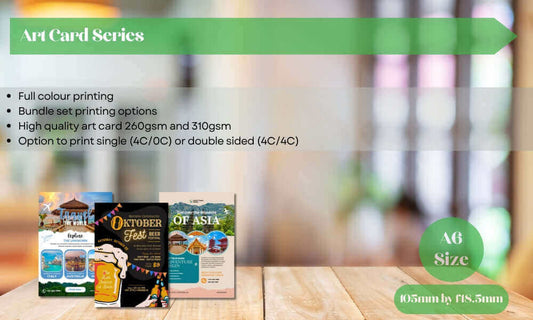 A6 Card examples showcasing full colour printing, bundle set options, and high-quality finishes.