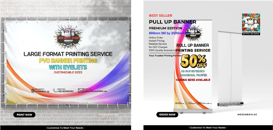 GeBiz Registered printing supplier Singapore offers large format and pull banner printing services with eyelets.