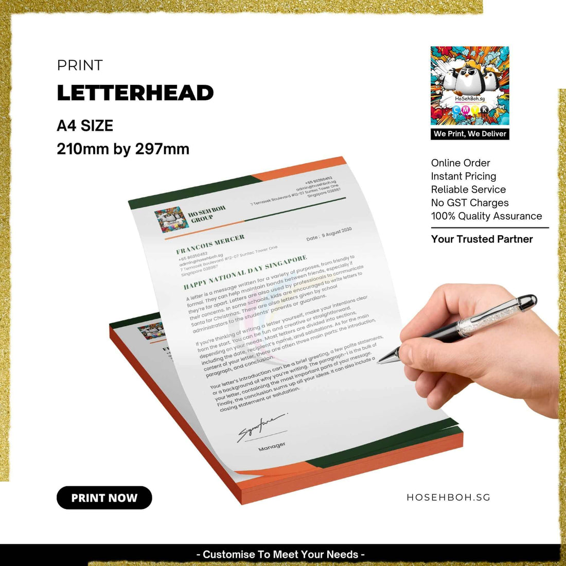 Letterhead printing example showing A4 size design with customized branding elements and contact information