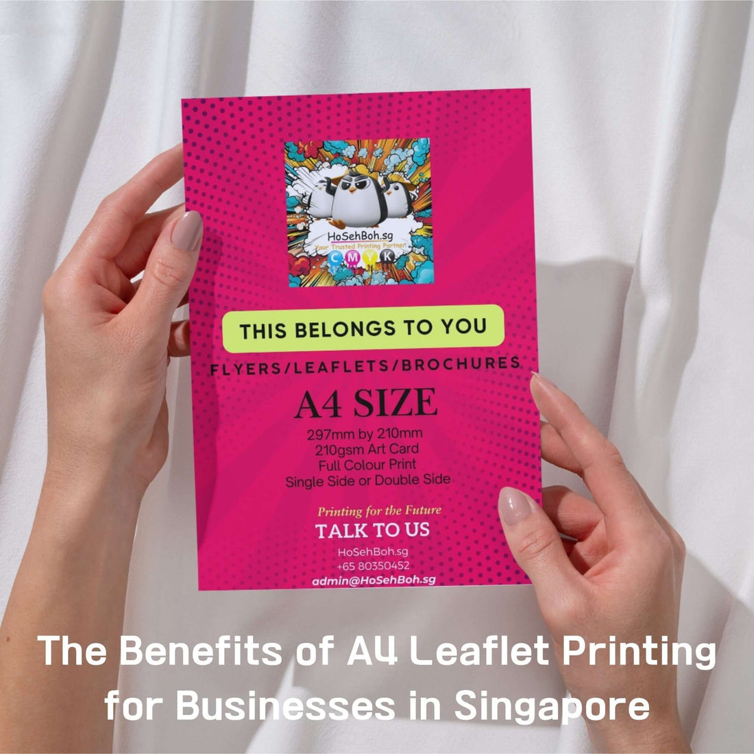 A person holding an A4 leaflet showcasing A4 leaflet printing benefits for small businesses in Singapore.