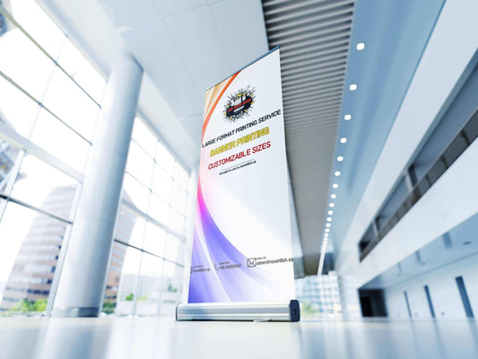 Roll Up Banner Printing in Singapore showcasing customizable sizes in a modern interior setting.