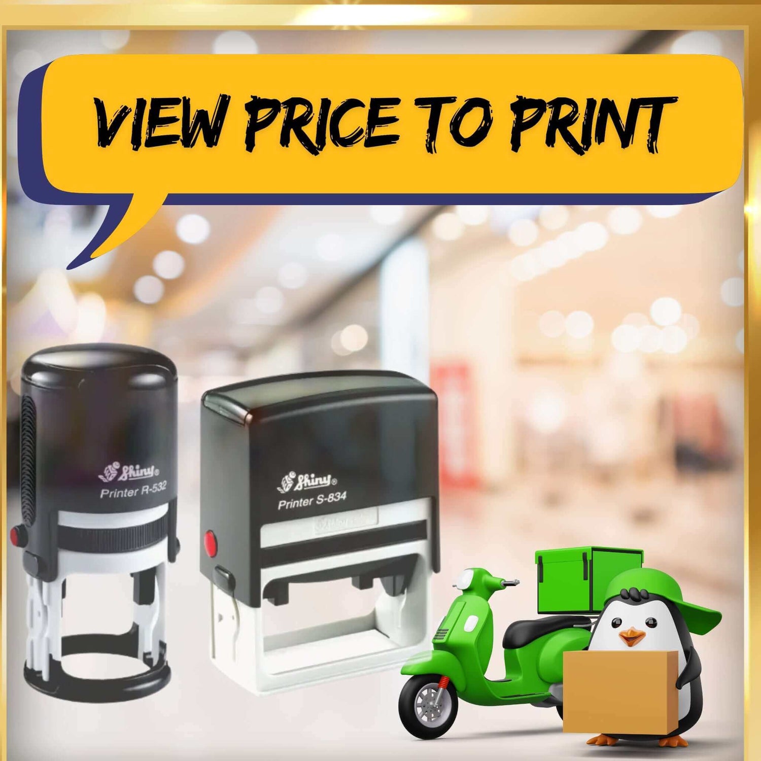 Self Inking Rubber Stamps displayed with a delivery vehicle and price tag graphic.