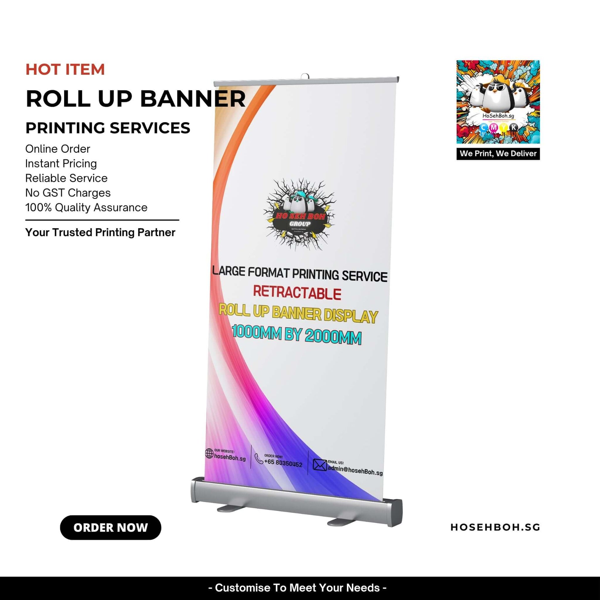 Promotional roll-up banner for printing services, featuring vibrant design and clear service details, ideal for displays.
