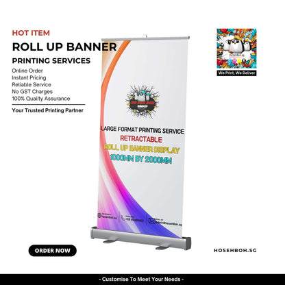 Promotional roll-up banner for printing services, featuring vibrant design and clear service details, ideal for displays.