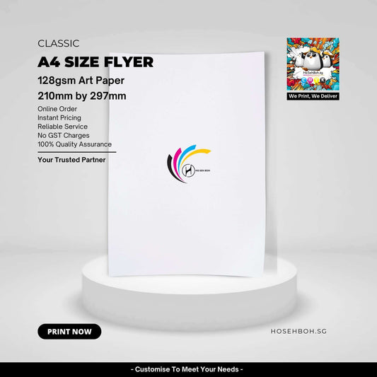Print A4 size flyer printed on 128gsm art paper  Singapore - HoSehBoh.sg, perfect for half-fold A5 use, offering quality and reliable service.