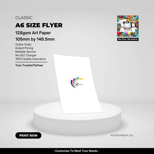 A6 size flyer printed on 128gsm art paper, ideal for promotions and events. Instant pricing and reliable service in Singapore.