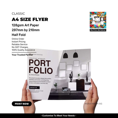 Print A4 size flyer printed on 128gsm art paper  Singapore - HoSehBoh.sg, perfect for half-fold A5 use, offering quality and reliable service.